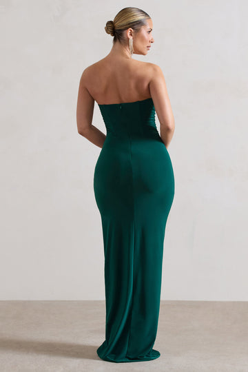 Eletta Bottle Green Ruched Bandeau Asymmetric Maxi Dress
